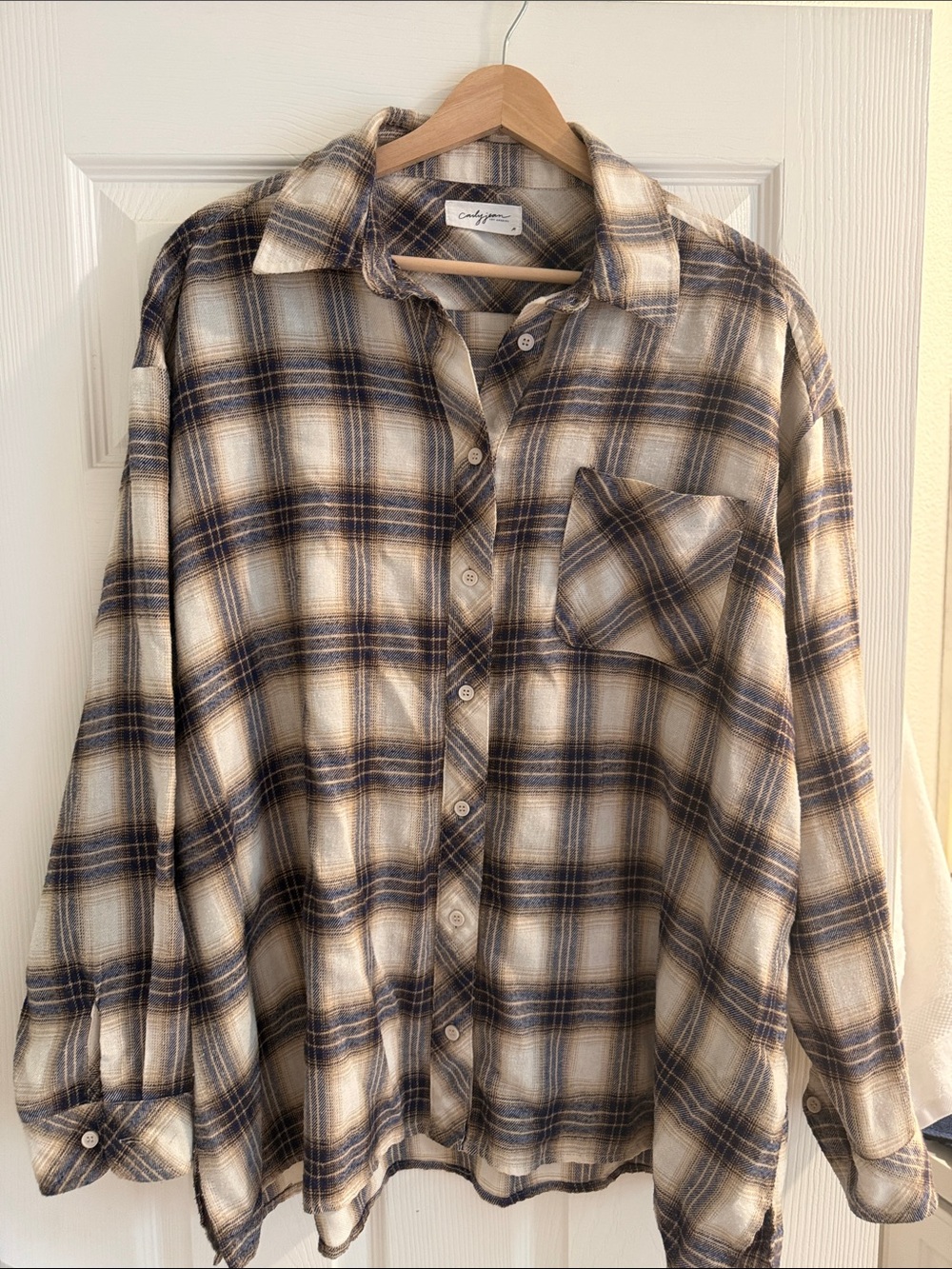 Carly Jean Los Angeles Beige and Navy Plaid Button-Down Shirt